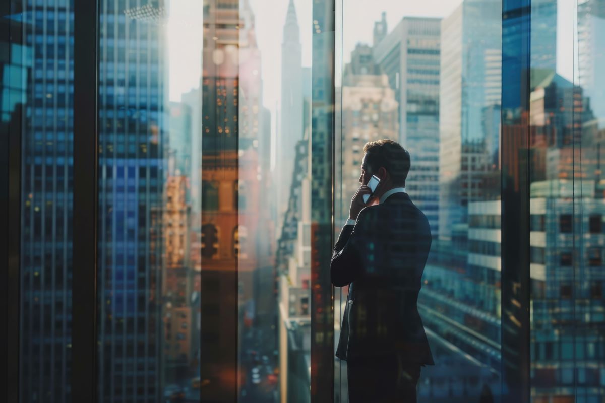 businessman on phone in front of glass windows