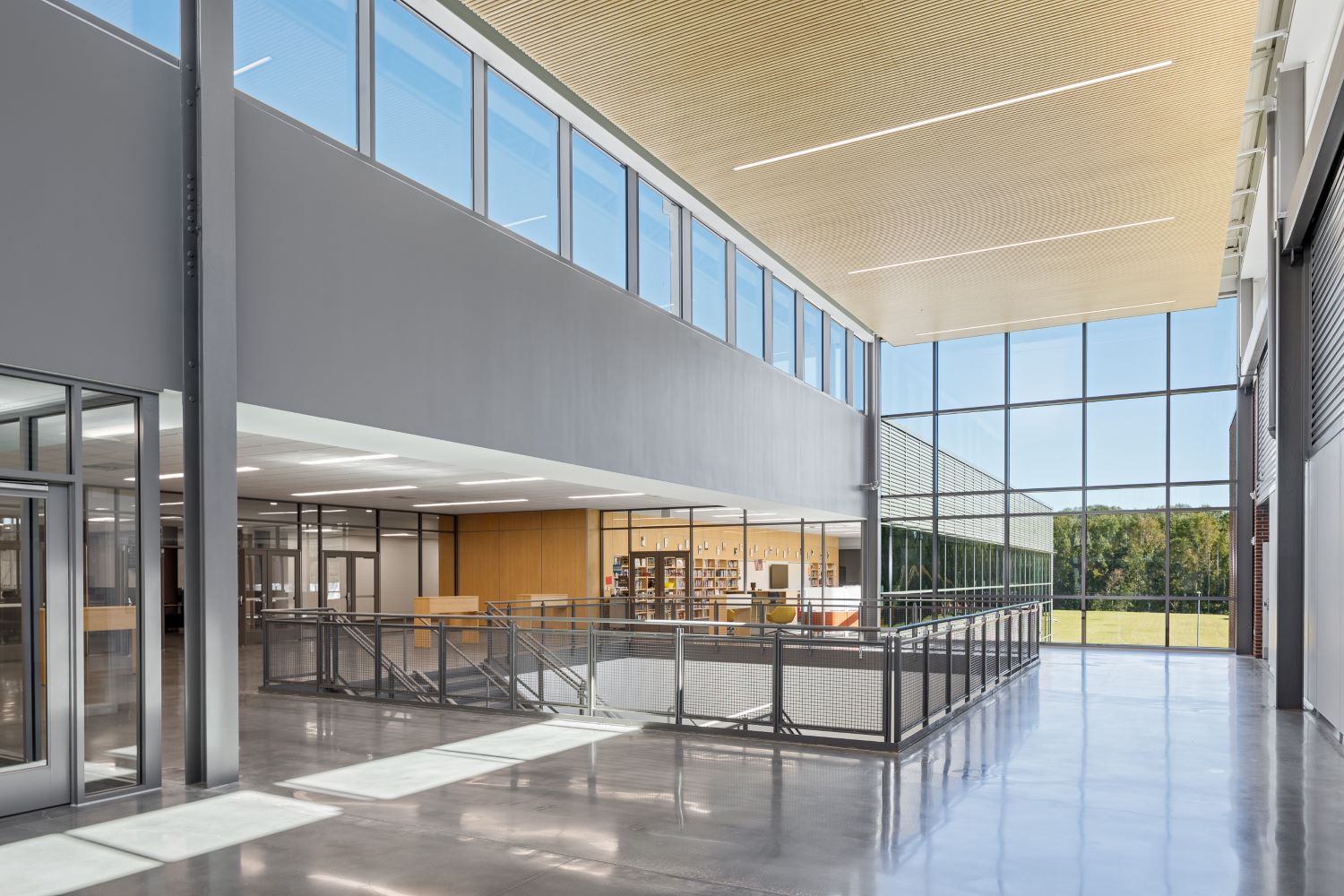 school interior with glass curtain wall