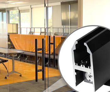 an interior glass door with a close-up inset of the self-closing door rail from fhc