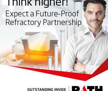 a dark-haired man with his arms crossed stands beside pictures of glass refractory and replacement parts from rath